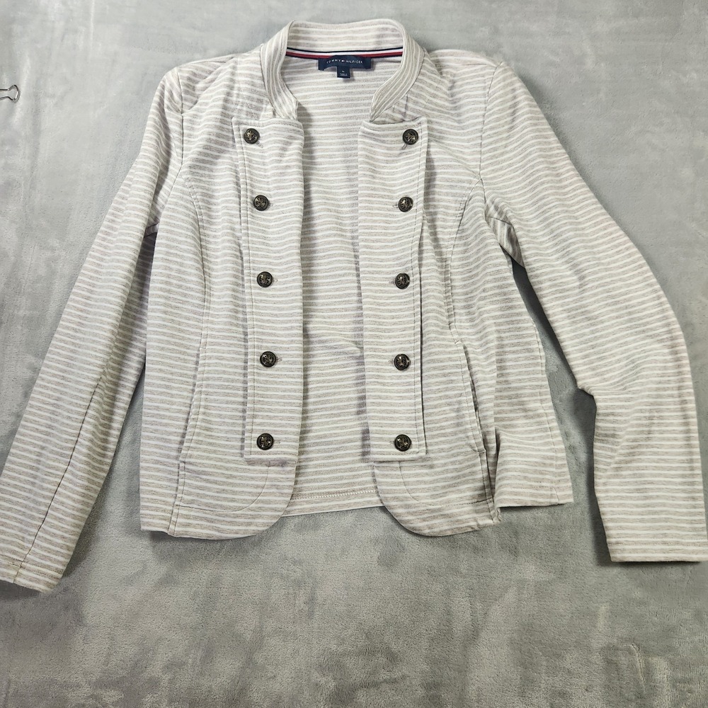 Tommy Hilfiger Open Front Jacket Womens Size Medium Beige White Stripes